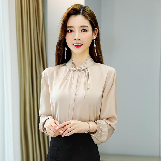 2022春季新款韩版洋气小衫红色上衣女气质优雅立领长袖雪纺衫 HR- YGYL8932 商品图4