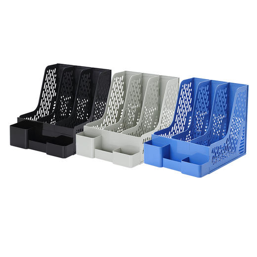 齐心 B2033 多功能资料架（三格） 245*306*265 文件筐框文件架自带笔筒收纳格蓝色黑色桌面收纳 商品图3