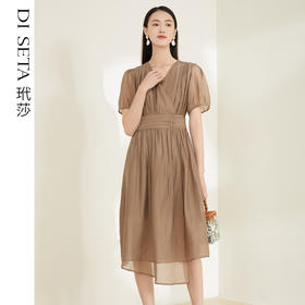 玳莎法式V领短袖连衣裙女2022夏季新款小众高级感减龄显瘦泡泡袖裙子  CB35115