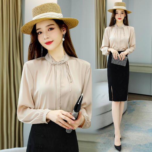 2022春季新款韩版洋气小衫红色上衣女气质优雅立领长袖雪纺衫 HR- YGYL8932 商品图2