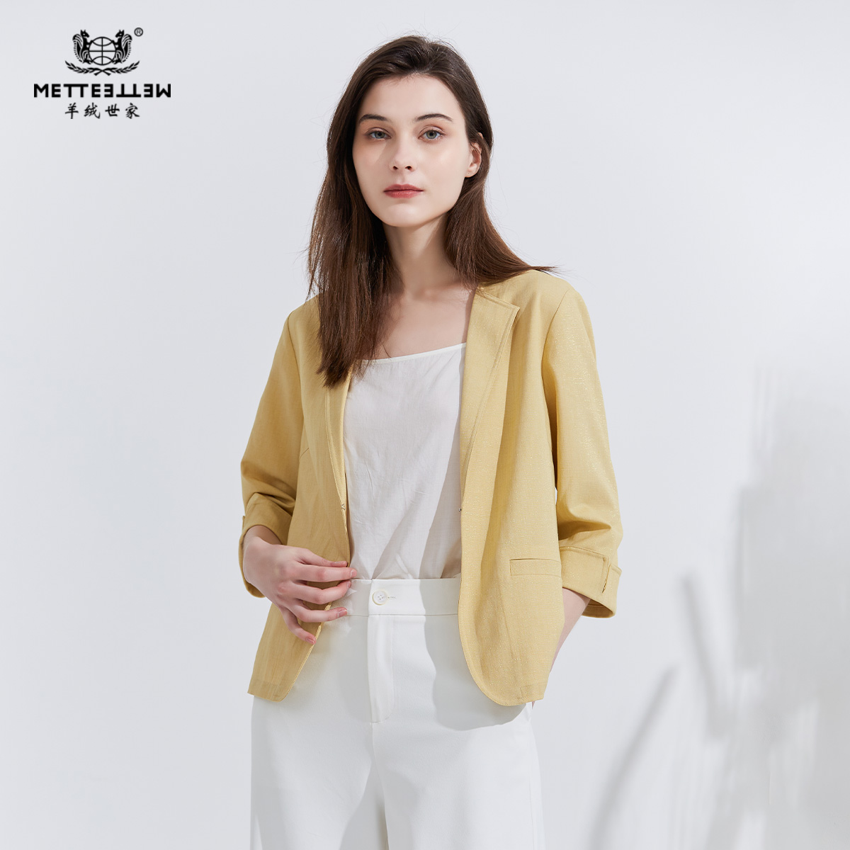 METTE22年春夏新品女士小西装外套时尚一粒扣薄款雪纺休闲上衣