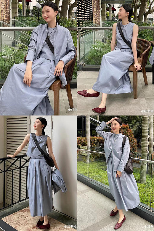 HIDEMI 简约拉链设计感自然棉质三件套套装 苹果绿衬衫/苹果绿茧型半身裙/雾霾蓝衬衫/雾霾蓝茧型半身裙/苹果绿短背心/雾霾蓝短背心 商品图1