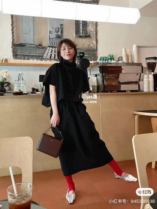 HIDEMI 简约设计感微荡立领半袖廓形套装 黑色/白色 上衣/半身裙 商品图2