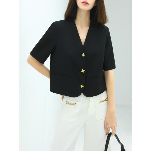 COCOBELLA短袖裸领西装简约干练通勤短款黑色轻薄小西服SI49 商品图3