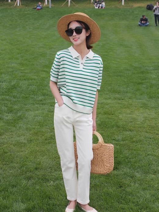 女条纹针织反领短袖 商品图3