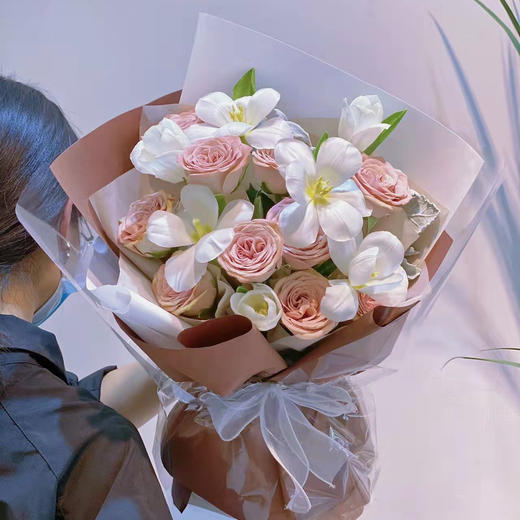 《咖啡时间》卡布奇诺郁金香粉色系韩式花束 商品图3