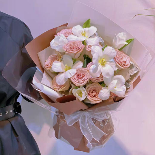 《咖啡时间》卡布奇诺郁金香粉色系韩式花束 商品图0