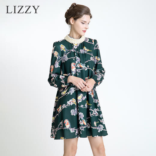 LIZZY 古典优雅名媛风立数码印花喜鹊梅花钉珠连衣裙（配珍珠项链）5396 商品图0