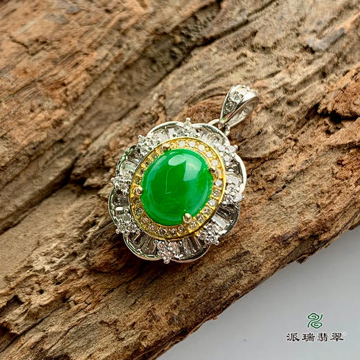 派瑞翡翠 翡翠戒面 糯冰种 绿色 银托镶嵌 商品图0
