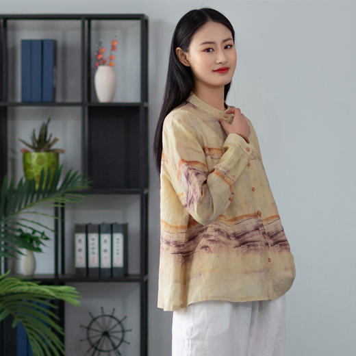 2022棉麻女装文艺复古立领水墨印花亚麻上衣衬衫长袖女衬衣 商品图2