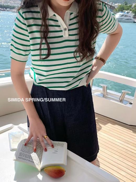 女条纹针织反领短袖 商品图2