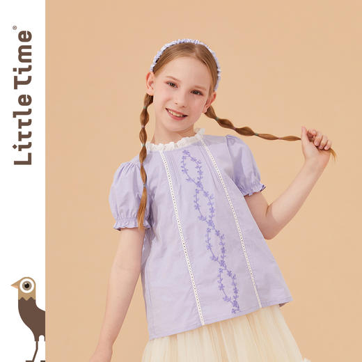 littletime女童纯棉绣花衬衫短袖2022夏季新款文艺中国风儿童上衣 商品图2