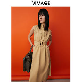 VIMAGE/纬漫纪夏季新款干练中性束腰V领显瘦飞袖连衣裙V1707337