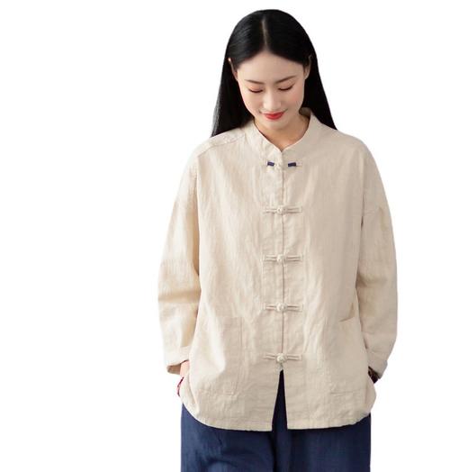 2022春新款棉麻女装复古中式不规则苎麻砂洗盘扣开祺外套女衬衫 商品图4