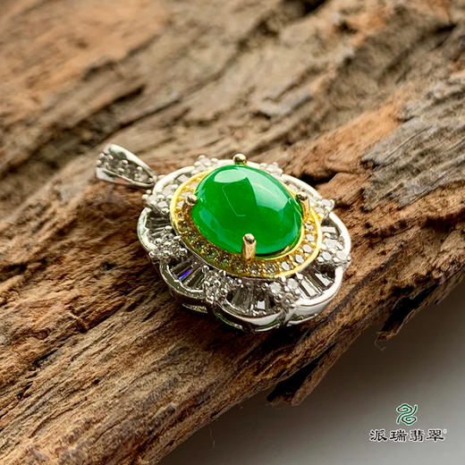 派瑞翡翠 翡翠戒面 糯冰种 绿色 银托镶嵌 商品图2