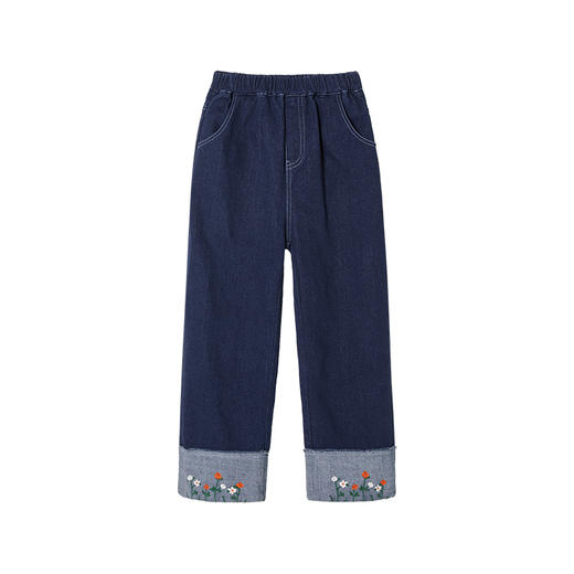 littletime女童阔腿牛仔裤春秋绣花宽松春季新款儿童直筒裤子 商品图4