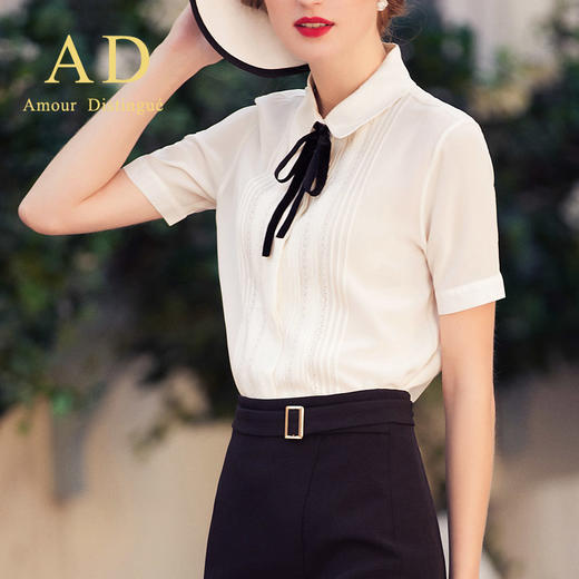 AD时尚春夏白色衬衫雪纺衫甜美娃娃领系带短袖衬衣套装高端职业装 商品图0