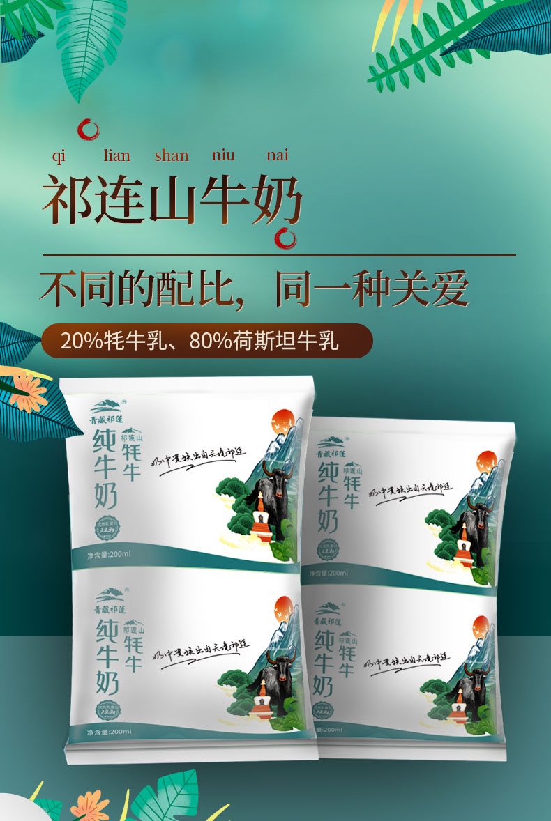 青藏祁莲祁连山牦牛纯牛奶牛奶枕装牦牛奶含量20200ml12袋