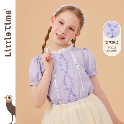 littletime女童纯棉绣花衬衫短袖2022夏季新款文艺中国风儿童上衣 商品图0