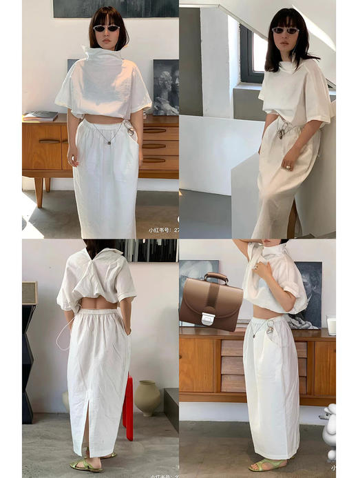 HIDEMI 简约设计感微荡立领半袖廓形套装 黑色/白色 上衣/半身裙 商品图1