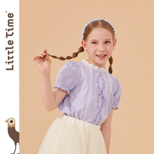 littletime女童纯棉绣花衬衫短袖2022夏季新款文艺中国风儿童上衣 商品图1