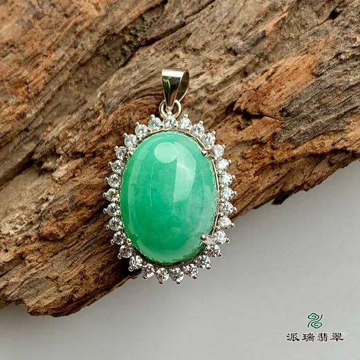 派瑞翡翠 翡翠戒面 糯种 绿色 银托镶嵌 商品图0