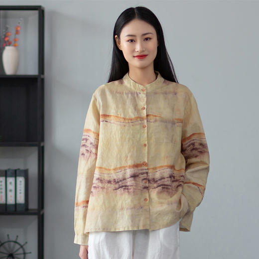 2022棉麻女装文艺复古立领水墨印花亚麻上衣衬衫长袖女衬衣 商品图0