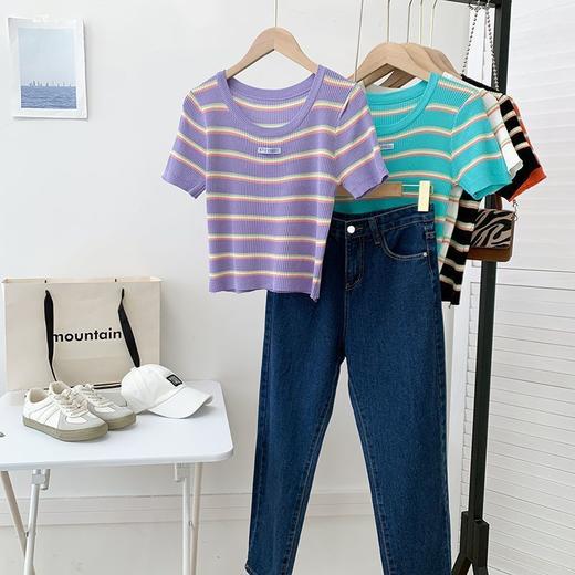 黛唯梵三木子快时尚女装~新款韩版条纹百搭修身显瘦圆领短袖针织上衣女 商品图9
