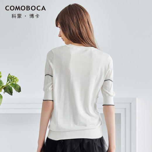 科蒙博卡夏季镂空透气圆领真丝上衣女 金银丝条纹桑蚕丝T恤YSP1000H0122 商品图2
