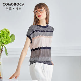 科蒙博卡夏季圆领镂空透气针织真丝上衣女 时尚条纹桑蚕丝T恤KSP1068H4498