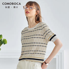 科蒙博卡夏季圆领镂空透气针织真丝上衣女 时尚条纹桑蚕丝T恤KSP1058H0122