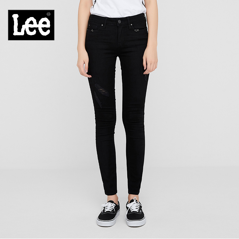 Lee商场同款女款黑色贴身小脚破洞时尚牛仔裤L12400AP69HQ