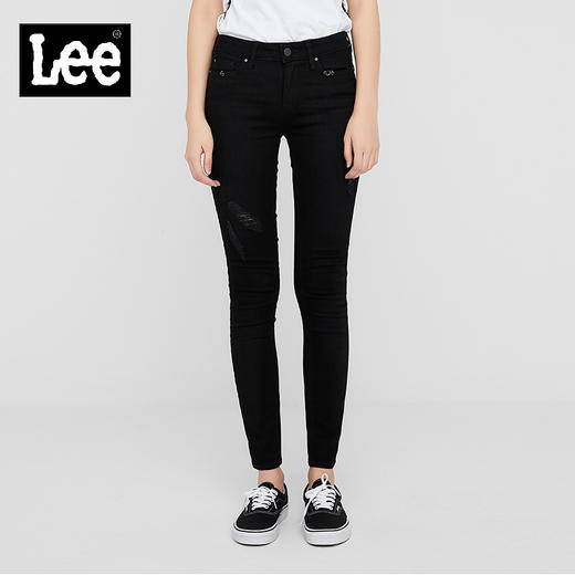 Lee商场同款女款黑色贴身小脚破洞时尚牛仔裤L12400AP69HQ 商品图0