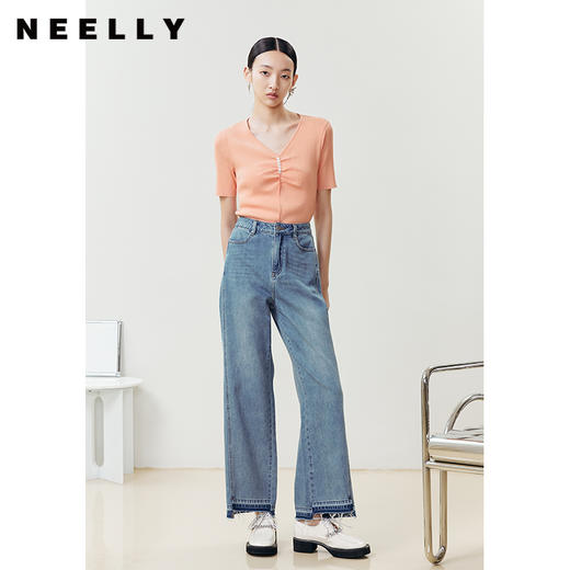 NEELLY纳俪商场同款短袖针织衫女薄款V领修身套头衫上衣2022夏季N22042A01034 商品图2