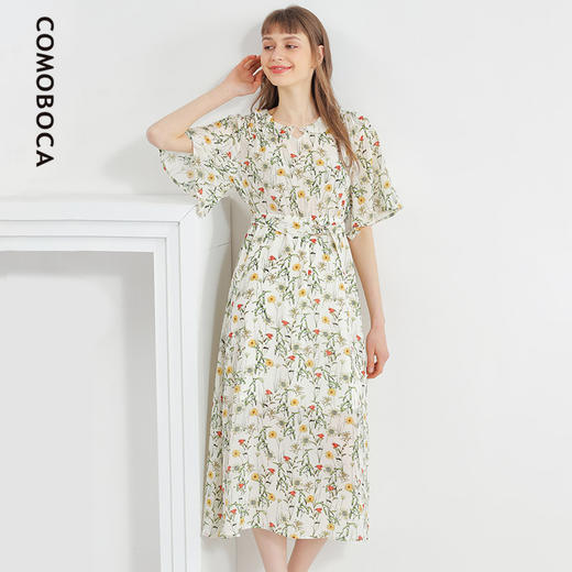 科蒙博卡夏季娃娃领时尚印花减龄真丝裙女 系带桑蚕丝连衣裙KXPGKKE501F1 商品图0