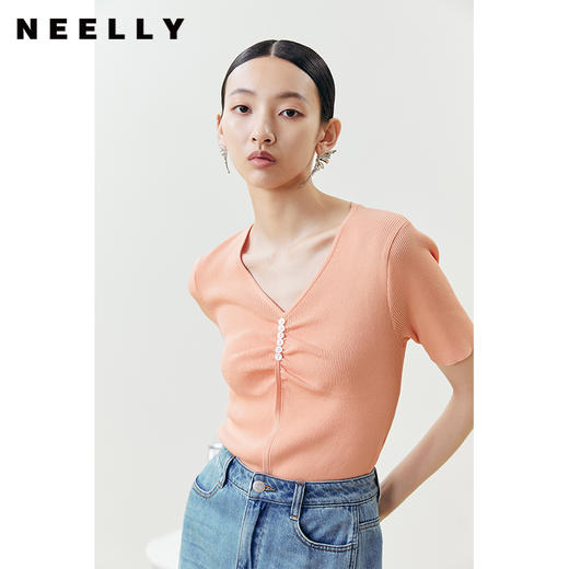NEELLY纳俪商场同款短袖针织衫女薄款V领修身套头衫上衣2022夏季N22042A01034 商品图3