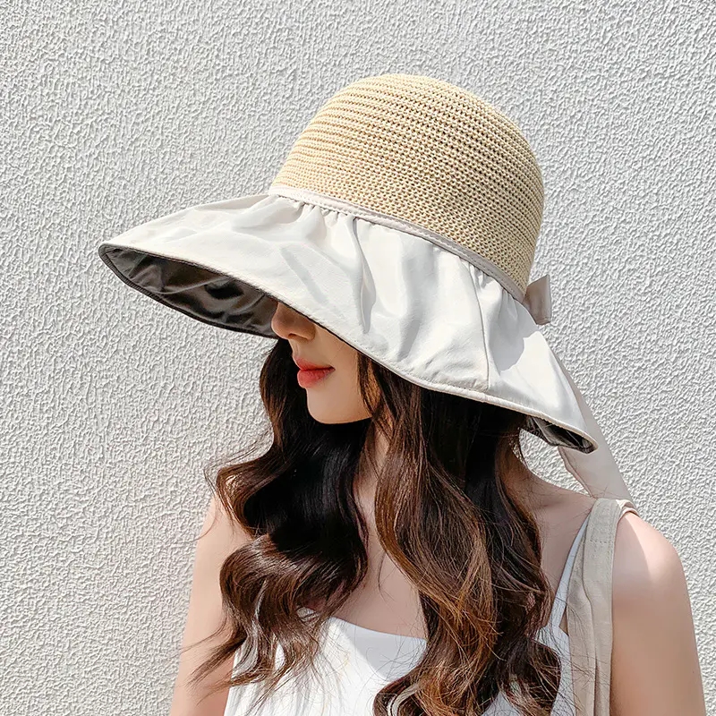 户外出游大沿帽黑胶遮阳蝴蝶结盆帽沙滩渔夫帽