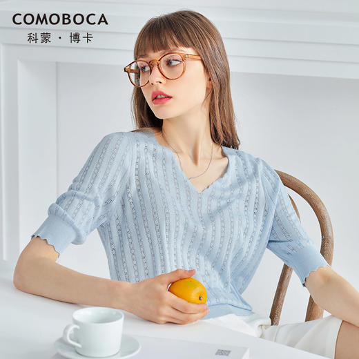 科蒙博卡夏季V领镂空透气真丝上衣女 纯色桑蚕丝针织百搭T恤KTP4008H4161 商品图1