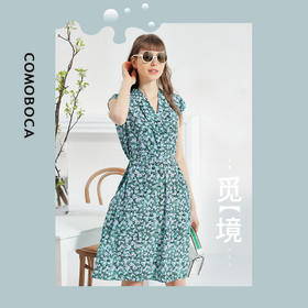 科蒙博卡夏季V领时尚印花真丝裙女系带收腰碎花桑蚕丝连衣裙KXPYC508H1F1