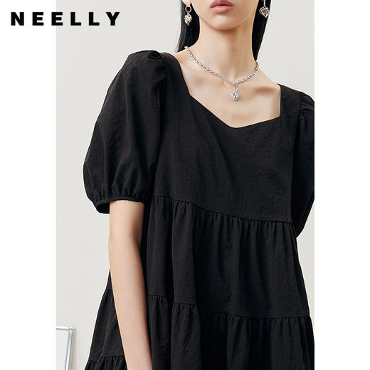 NEELLY纳俪商场同款桃心领短袖黑色连衣裙女夏季泡泡袖娃娃裙显瘦N22042Y01048 商品图3