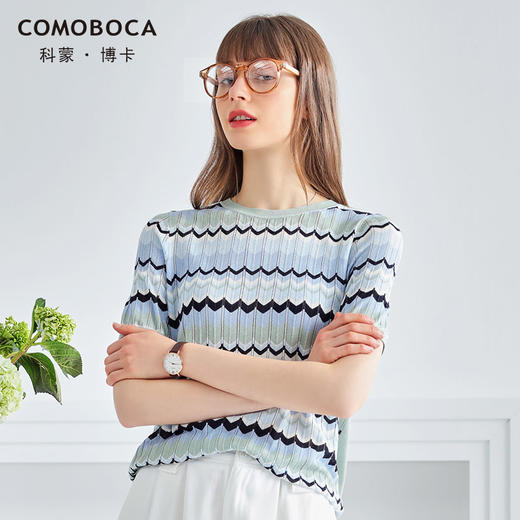 科蒙博卡夏季圆领几何波形图案真丝上衣女镂空桑蚕丝针织小衫KSP1030H2158 商品图0