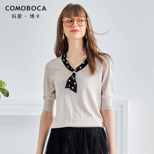 科蒙博卡春夏短袖真丝T恤女系带圆领五分袖桑蚕丝上衣小衫KSP1070H8156 商品图0