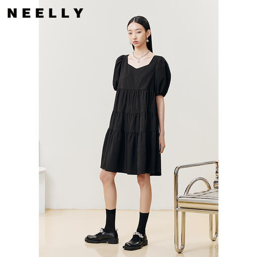 NEELLY纳俪商场同款桃心领短袖黑色连衣裙女夏季泡泡袖娃娃裙显瘦N22042Y01048 商品图2