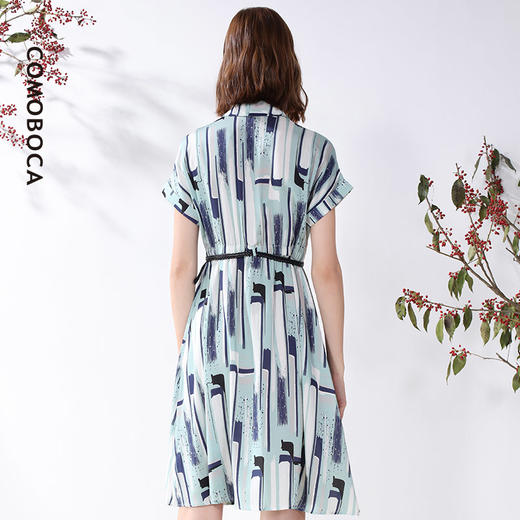 科蒙博卡夏季衬衫领OL风真丝裙女 淡色条纹印花桑蚕丝连衣裙KXNX001977B1 商品图1