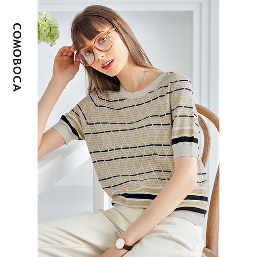 科蒙博卡夏季圆领镂空透气针织真丝上衣女 时尚条纹桑蚕丝T恤KSP1058H0122 商品图1