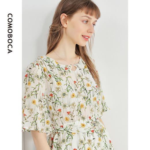 科蒙博卡夏季娃娃领时尚印花减龄真丝裙女 系带桑蚕丝连衣裙KXPGKKE501F1 商品图4