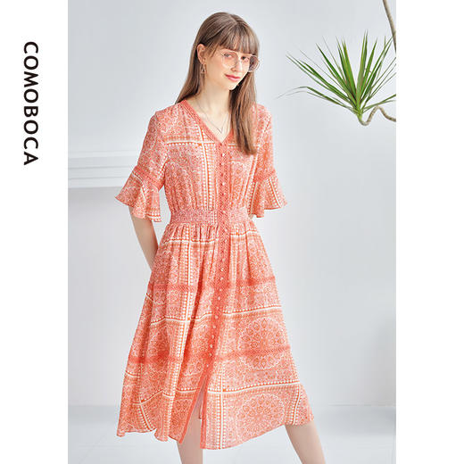 科蒙博卡夏季荷叶袖V领真丝裙 靓丽印花桑蚕丝中袖修身连衣裙KXPKKMLY27R1 商品图3