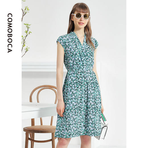 科蒙博卡夏季V领时尚印花真丝裙女系带收腰碎花桑蚕丝连衣裙KXPYC508H1F1 商品图2