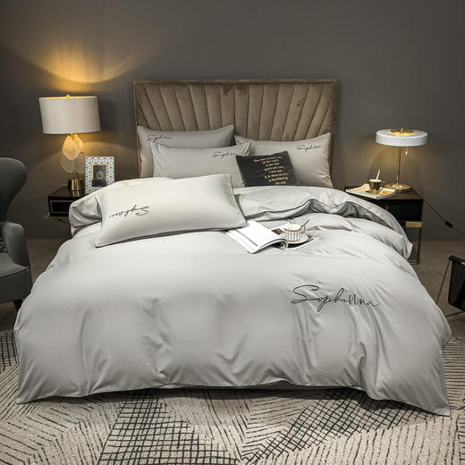 纯色刺绣水洗天丝四件套冰丝床单双面真丝被套丝滑裸睡床上套件凉席 商品图4