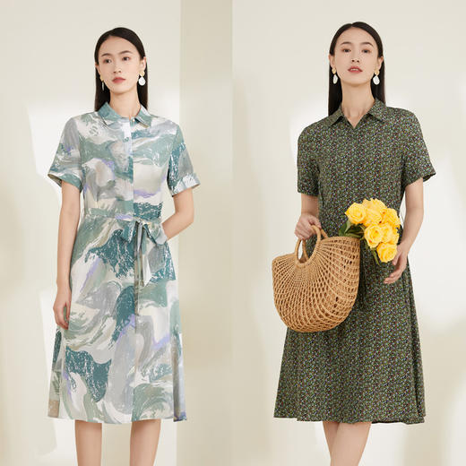 玳莎真丝印花女夏季 弹力双绉高级感收腰短袖桑蚕丝连衣裙  CB35119 商品图2